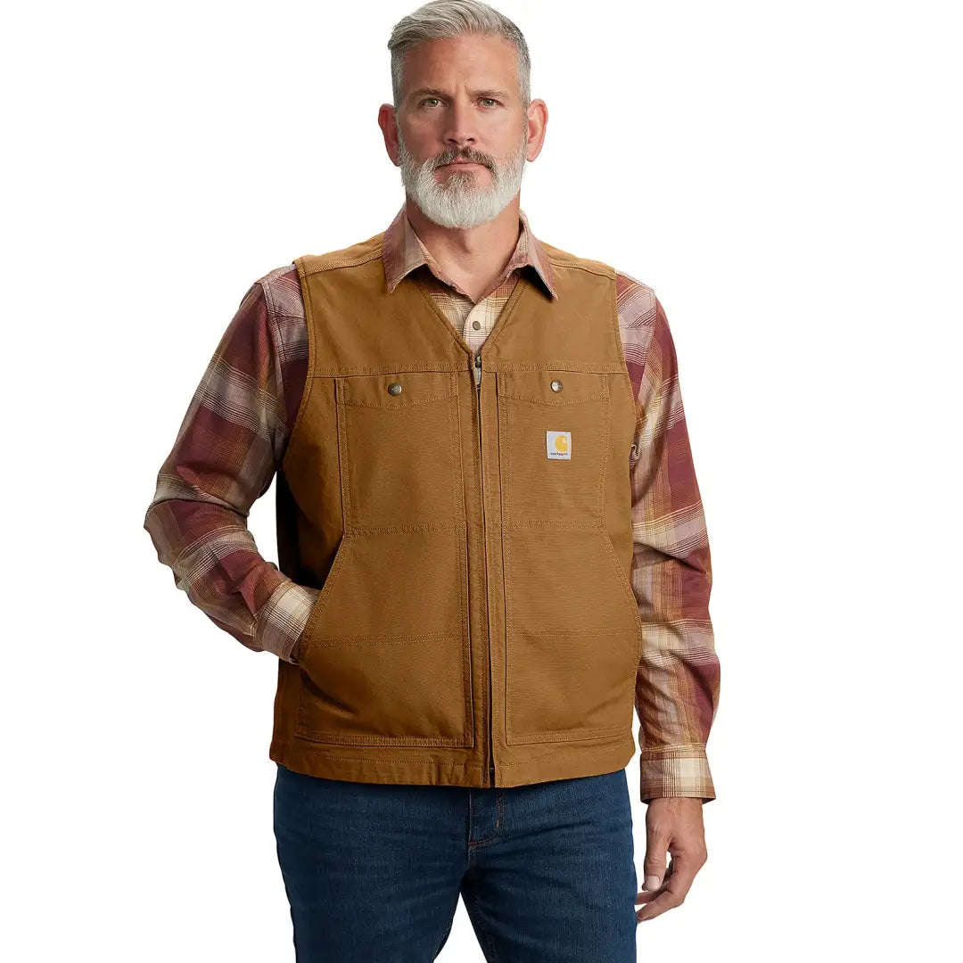 Brown Carhartt vest in relaxed fit, perfect country clothing for hunting trips