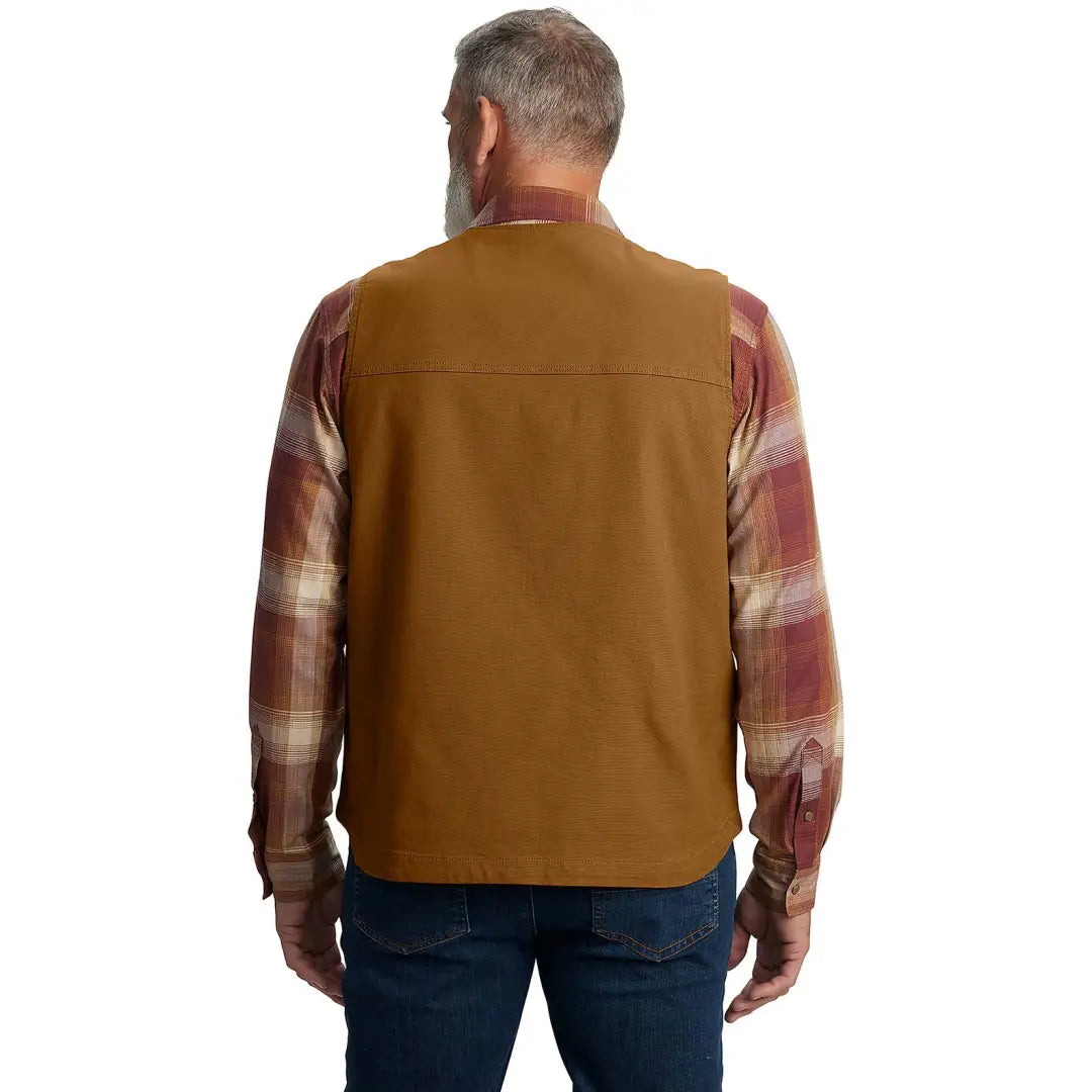 Brown vest over plaid shirt from Carhartt Montana relaxed fit country clothing for hunting