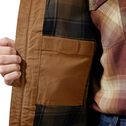 Carhartt Montana Relaxed Fit Duck Vest with brown jacket and plaid lining, great for country hunting