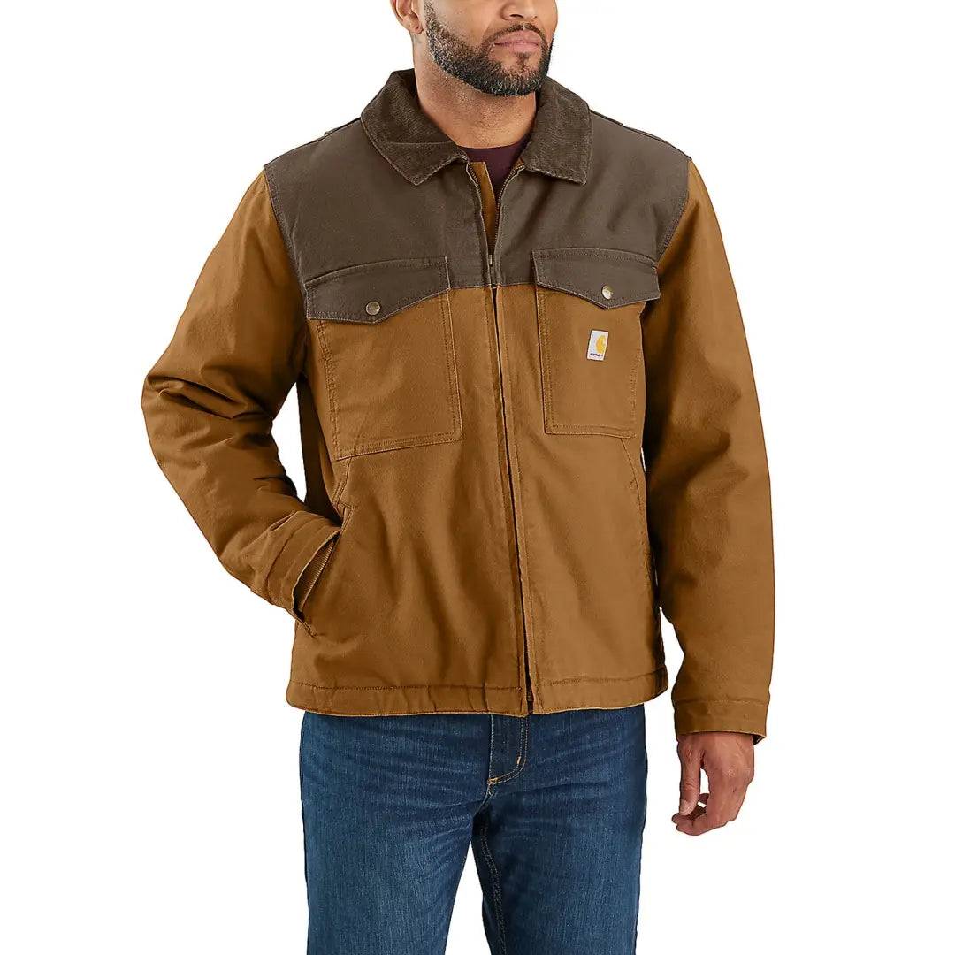 Brown and olive green Carhartt Montana Rugged Flex relaxed fit duck insulated jacket perfect for country clothing and hunting
