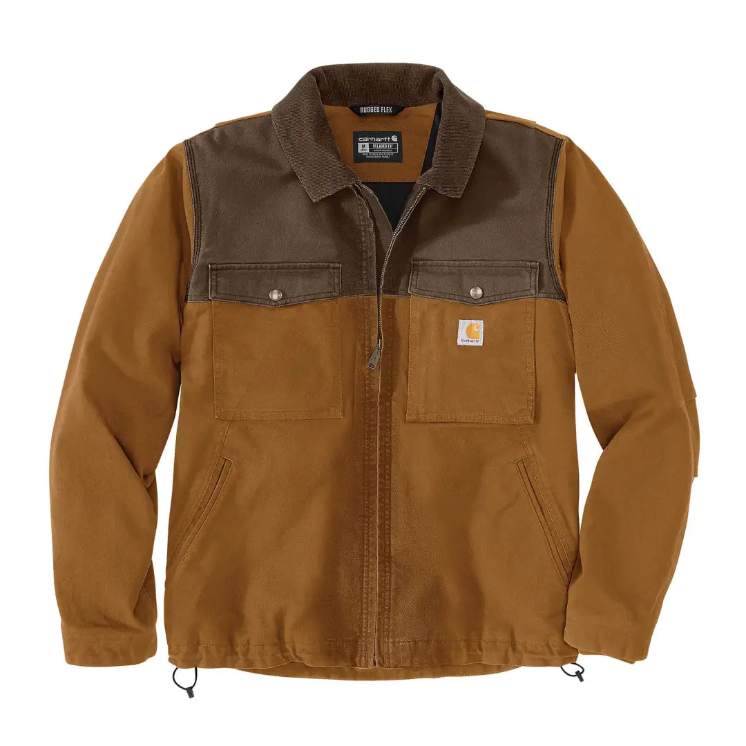 Brown Carhartt work jacket with relaxed fit, perfect for country clothing and hunting