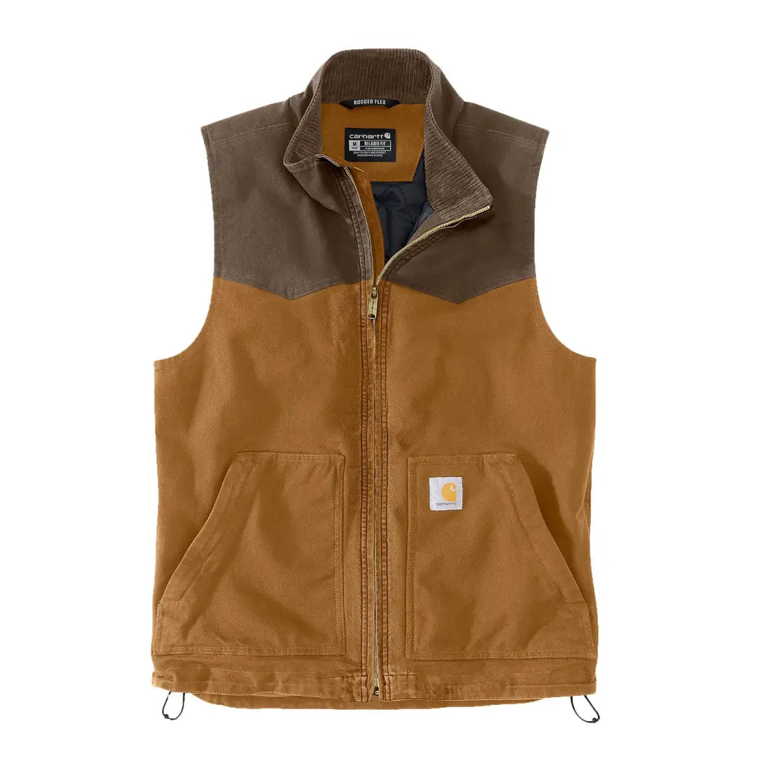 Brown Carhartt vest with relaxed fit, perfect for country clothing and hunting trips