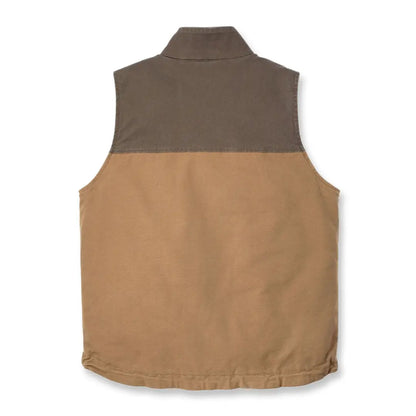 Two-tone brown Carhartt Montana Rugged Flex relaxed fit duck vest for country clothing and hunting