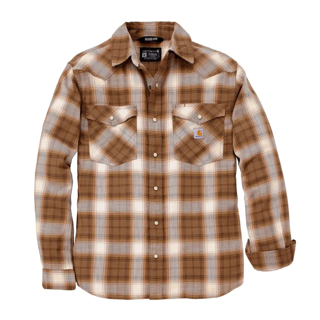 Brown and white plaid Carhartt Montana snap-front shirt, perfect country clothing