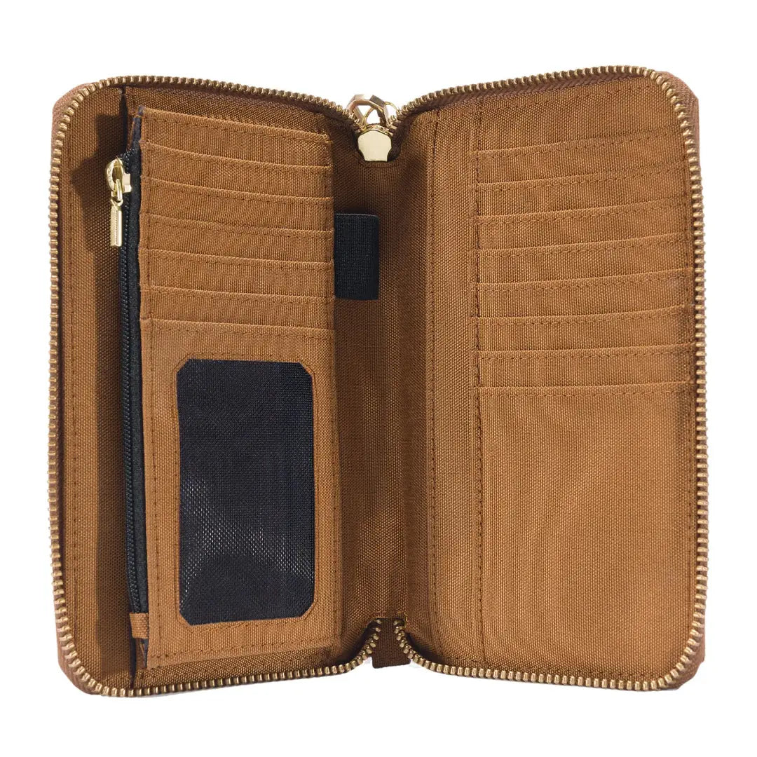 Open brown Carhartt clutch wallet with card slots, perfect for country clothing or hunting