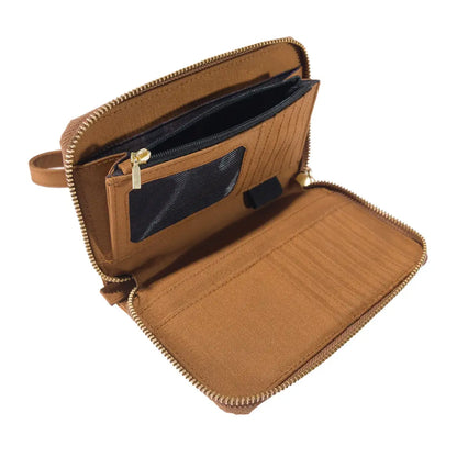 Open brown zippered clutch wallet perfect for country clothing and hunting trips