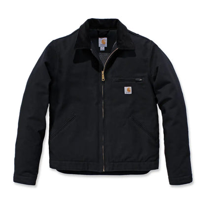 Black Carhartt relaxed fit Detroit jacket with gold zipper and brown leather accents