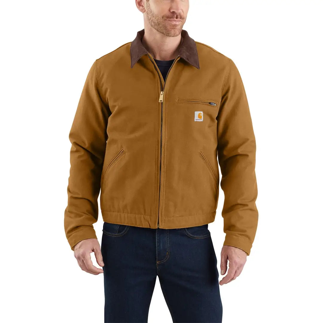 Brown Carhartt relaxed fit Detroit jacket with dark collar and zipper