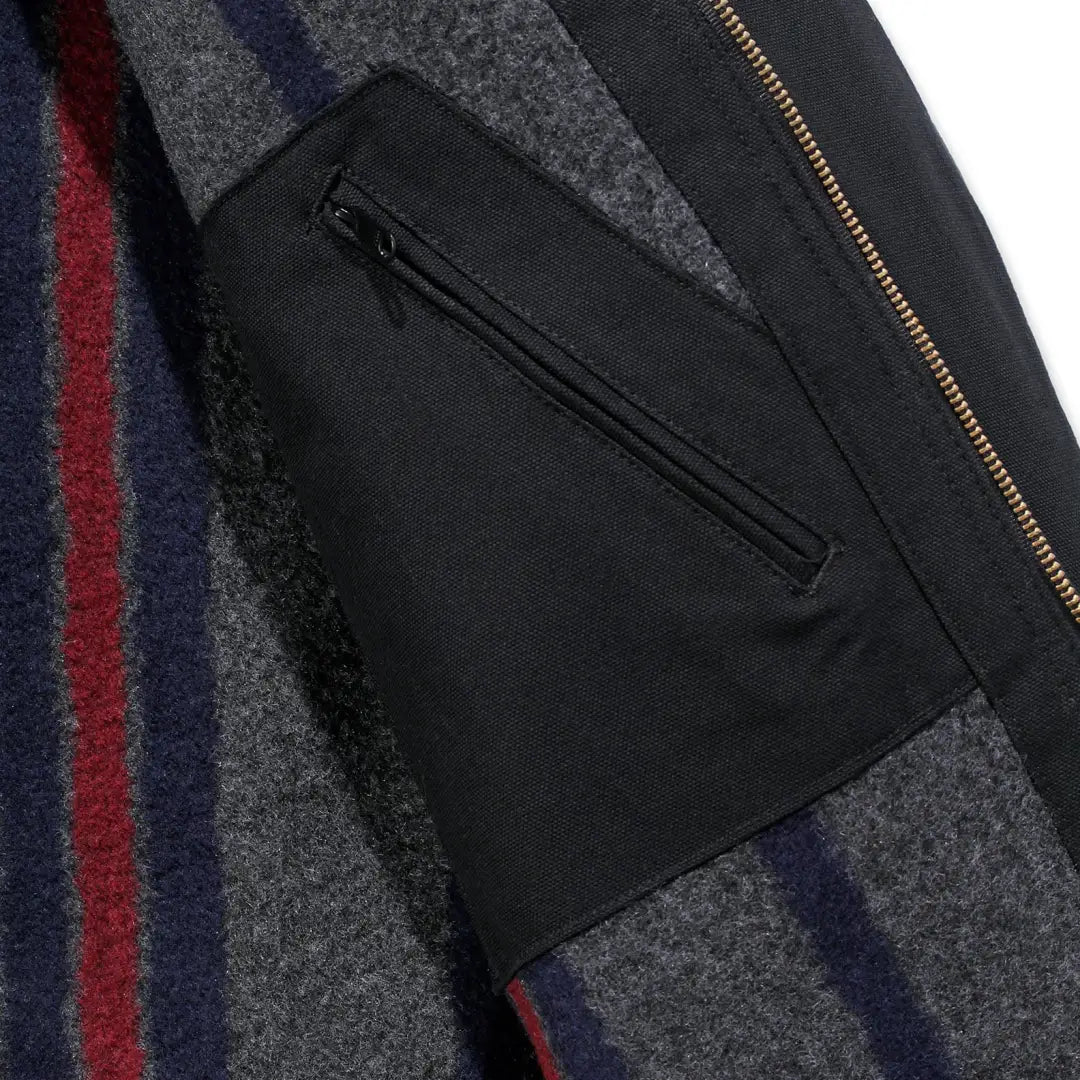 Black leather zippered wallet with gold hardware in Carhartt Detroit Jacket