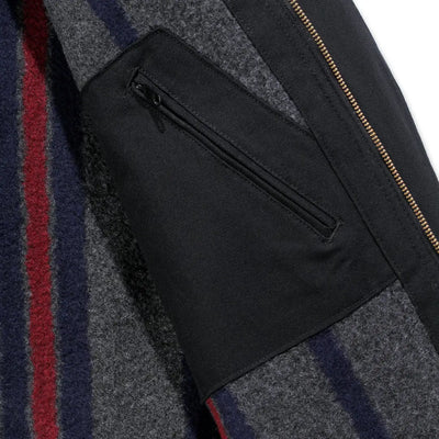 Black leather zippered wallet with gold hardware in Carhartt Detroit Jacket