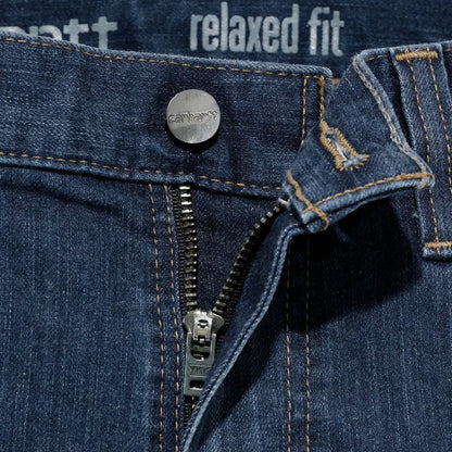 Carhartt relaxed straight jeans in dark blue denim with silver button and YKK zipper