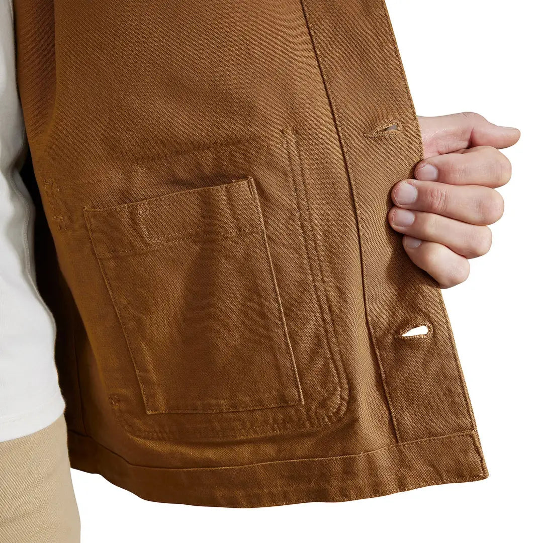 Brown canvas chore coat with pocket, perfect for country clothing and hunting