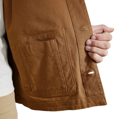 Brown canvas chore coat with pocket, perfect for country clothing and hunting