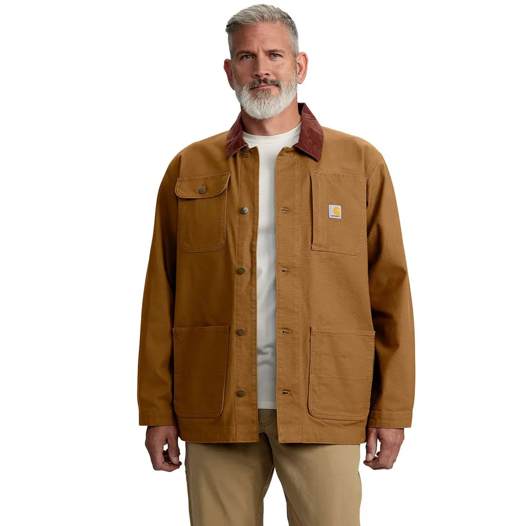 Brown Carhartt chore coat perfect for country clothing and hunting adventures