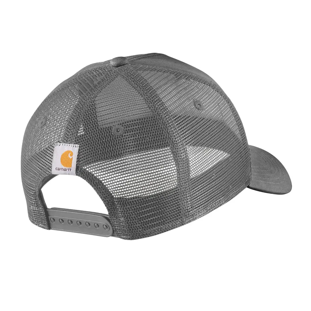 Gray Carhartt script patch cap with mesh back and logo