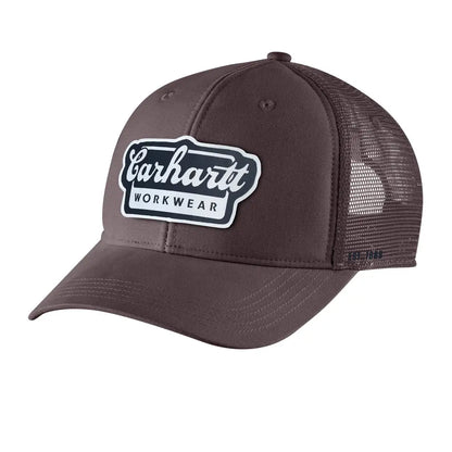 Brown Carhartt script patch cap with mesh back and embroidered logo