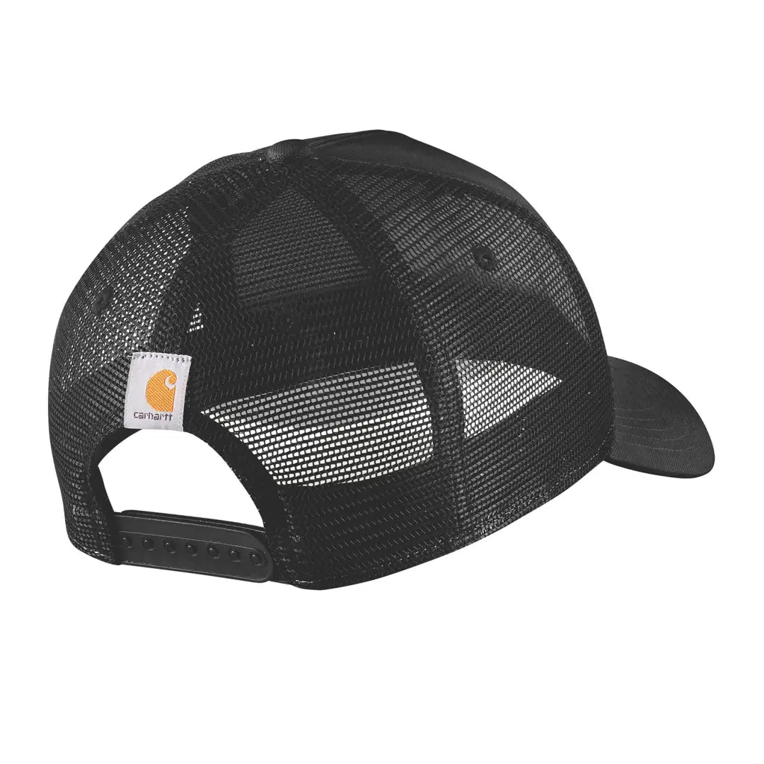 Black mesh trucker cap from Carhartt Twill Mesh-Back Script Patch Cap for outdoor and country clothing hunting fans