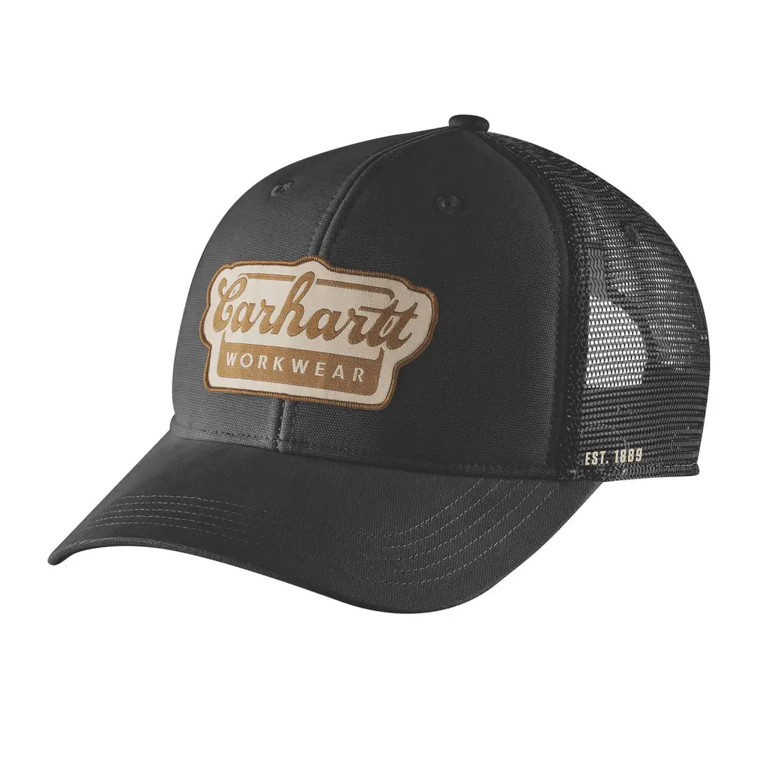 Black Carhartt Trucker Hat from Carhartt Twill Mesh-Back Script Patch Cap, perfect for outdoors or country clothing