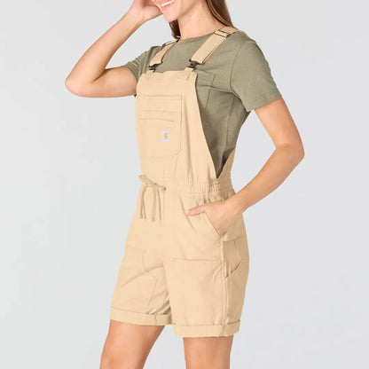 Beige Carhartt Womens Force Ripstop Shortall overalls with adjustable straps, pockets for outdoors and hunting