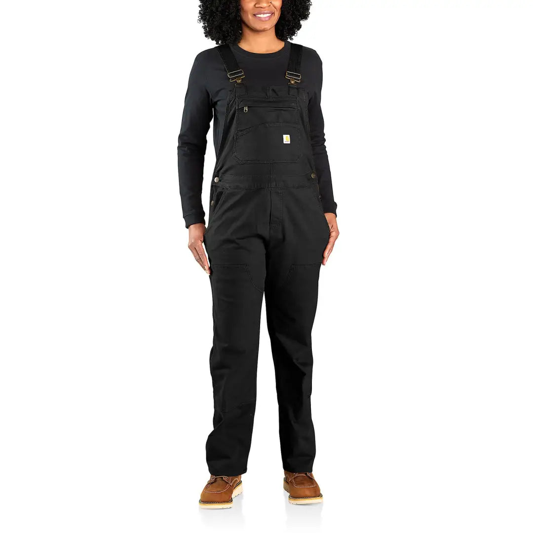 Black loose fit Carhartt Womens Canvas Bib Overall with long-sleeve shirt for country clothing