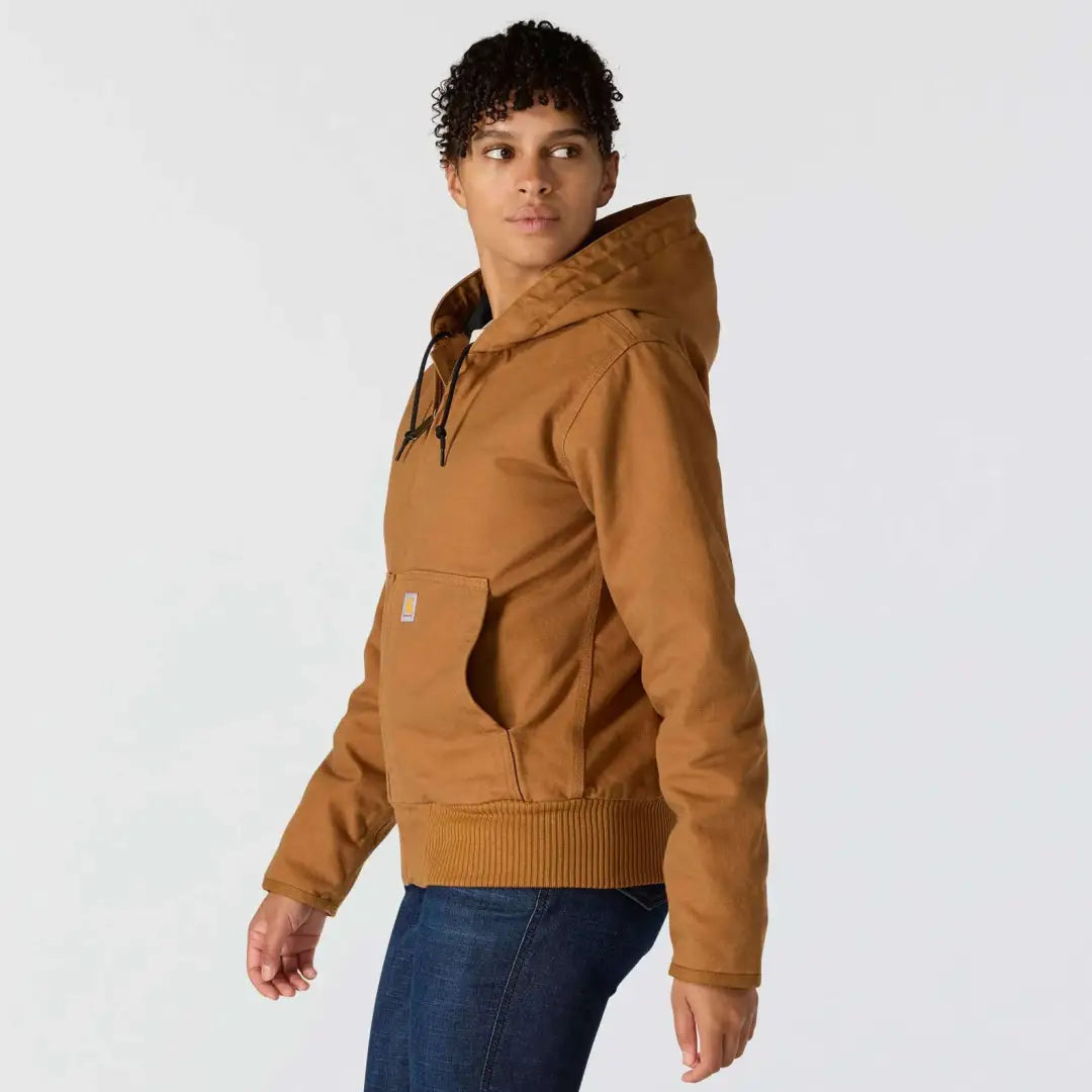 Carhartt womens loose fit tan hooded jacket with logo patch