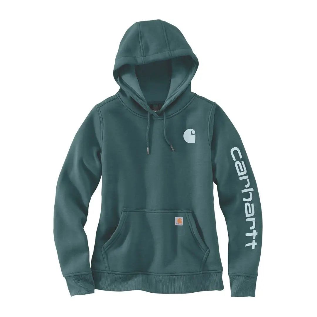 Teal Carhartt womens relaxed fit hoodie with logo sleeve, perfect for country clothing and hunting