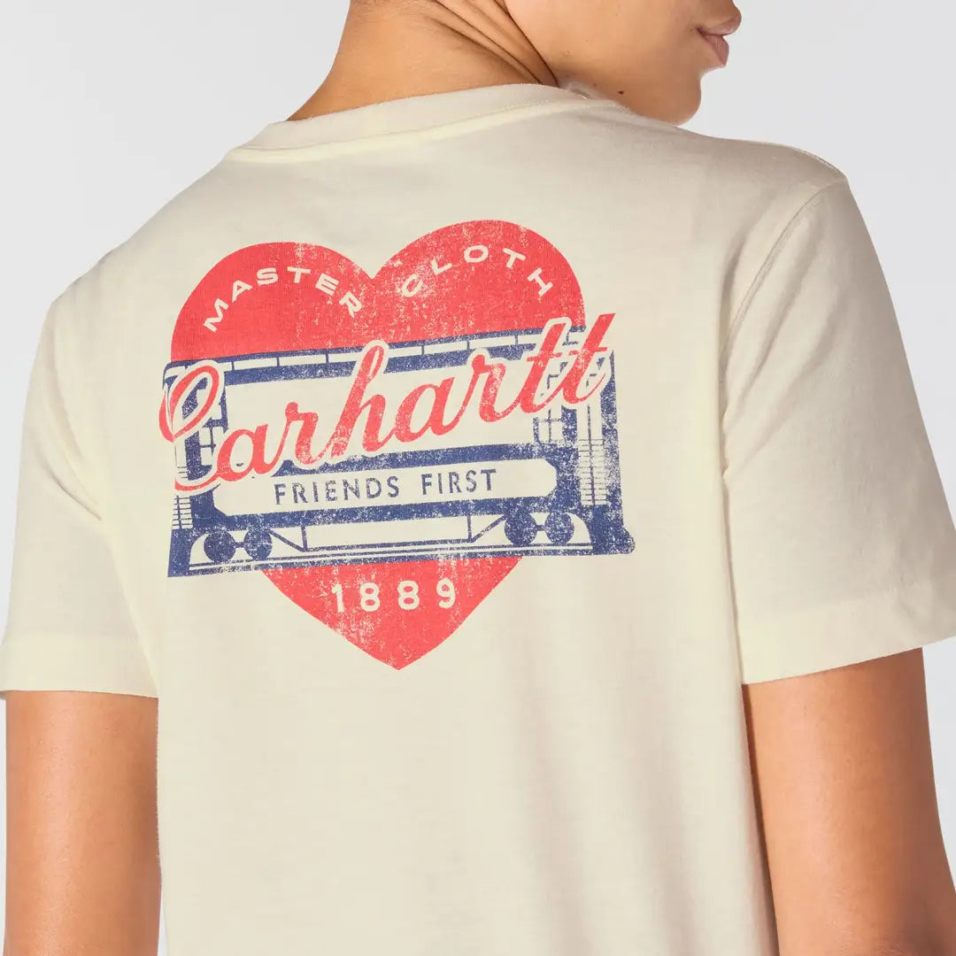 Carhartt womens relaxed heritage t-shirt in cream with distressed red blue heart graphic, Master Cloth friends first 1889, country clothing for outdoors hunting