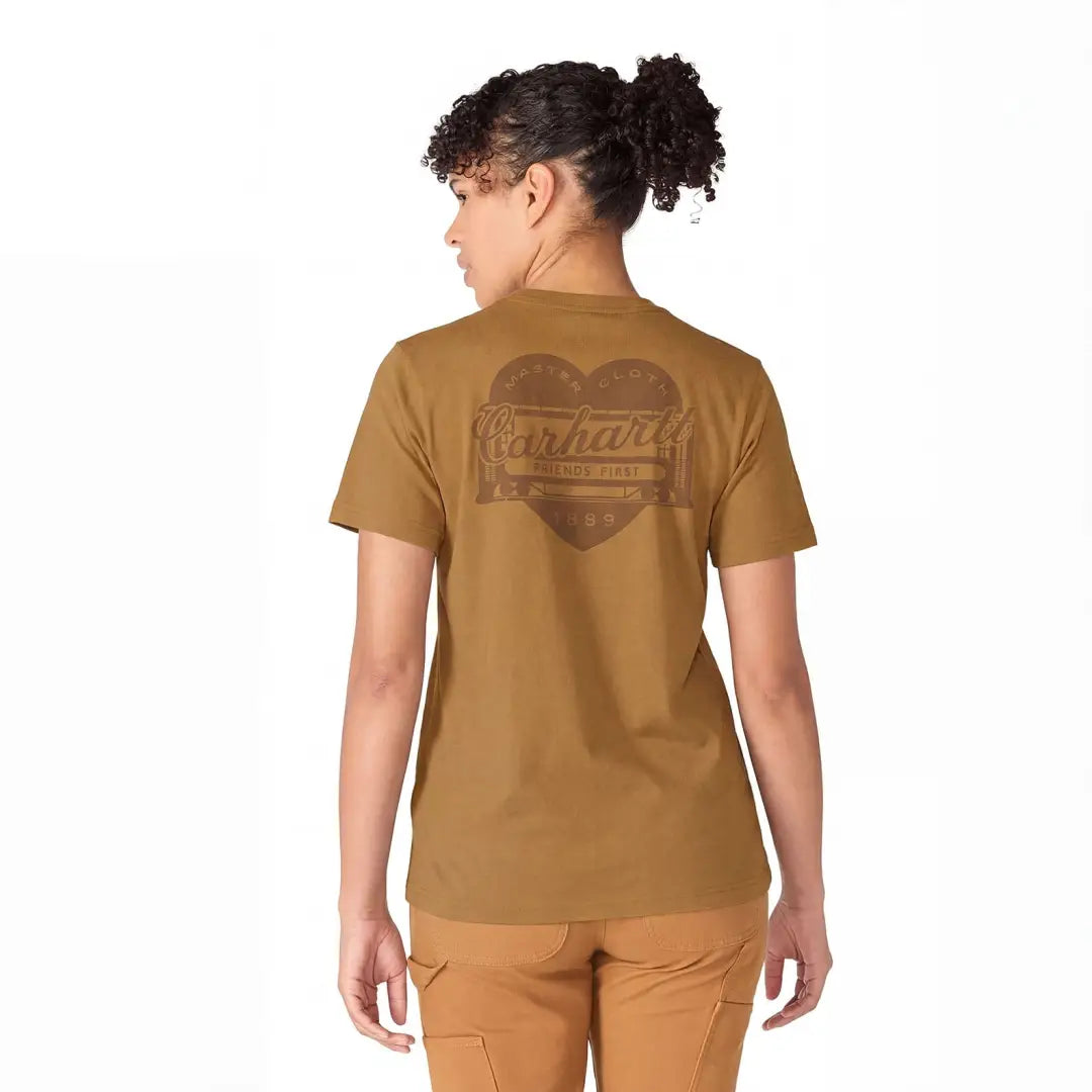 Tan Carhartt womens relaxed heritage t-shirt with heart logo for outdoors hunting