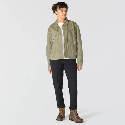 Olive green Carhartt womens ripstop pocket coat with button closures and flap pockets