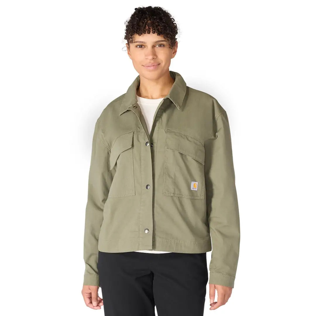 Olive green Carhartt womens ripstop pocket coat with front pockets and logo patch