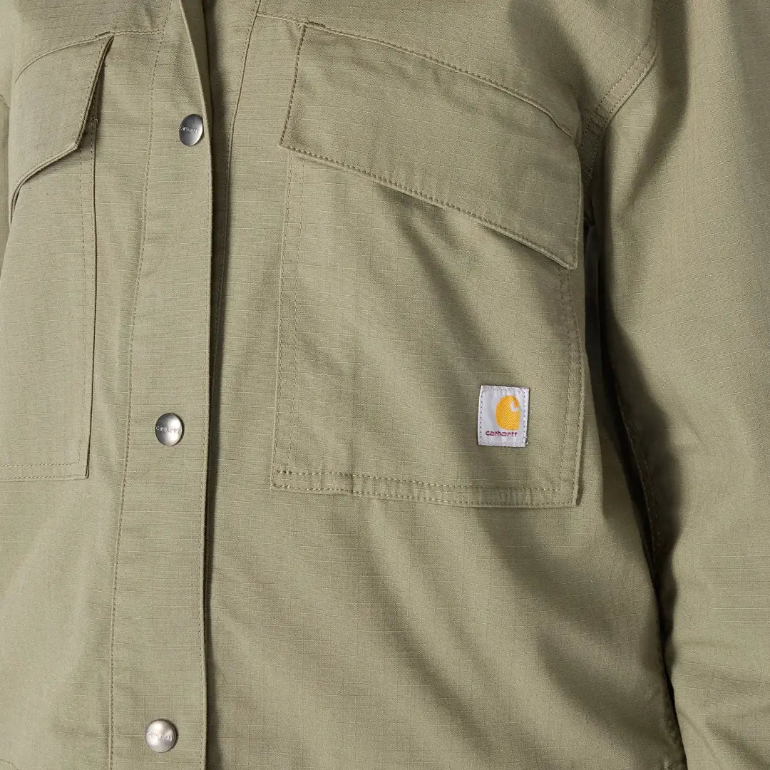 Olive green Carhartt womens ripstop pocket coat with silver buttons
