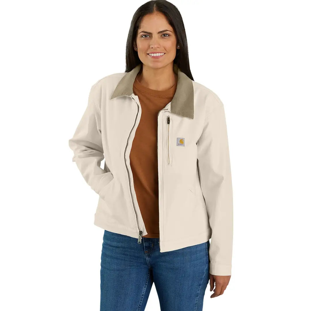 Woman wearing off-white Carhartt Detroit Jacket in relaxed fit country clothing style