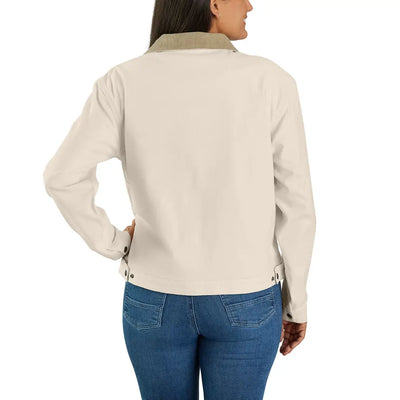 Woman wearing beige Detroit jacket with relaxed fit from Carhartt country clothing line