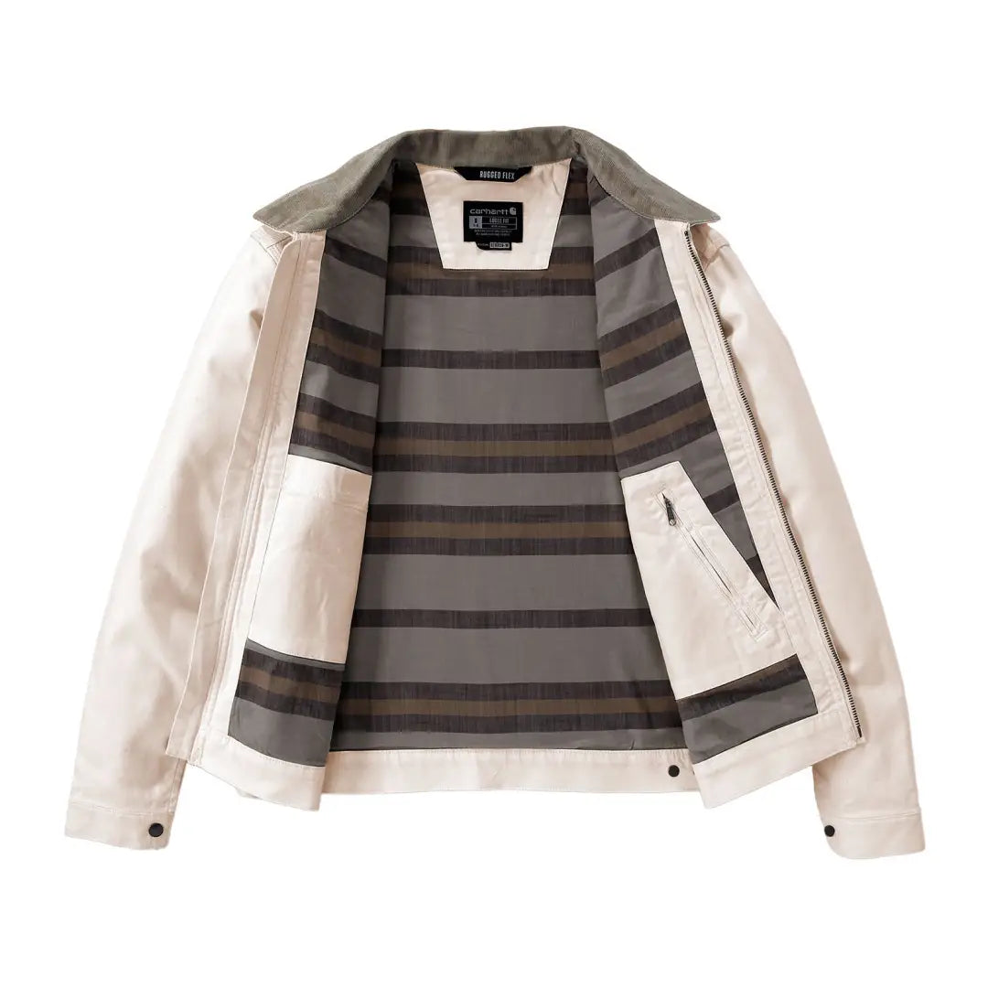Open light-colored Carhartt Detroit jacket with relaxed fit and striped lining, country clothing