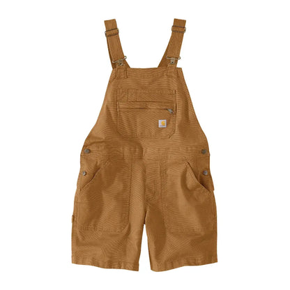 Brown canvas short overalls from Carhartt Womens Rugged Flex for relaxed fit country clothing or hunting adventures