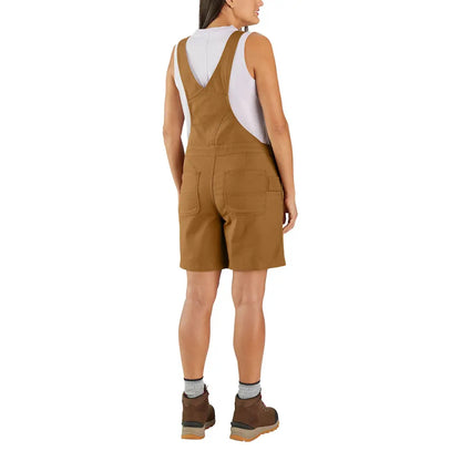 Woman wearing Carhartt women’s relaxed fit brown overall shorts for country clothing and hunting
