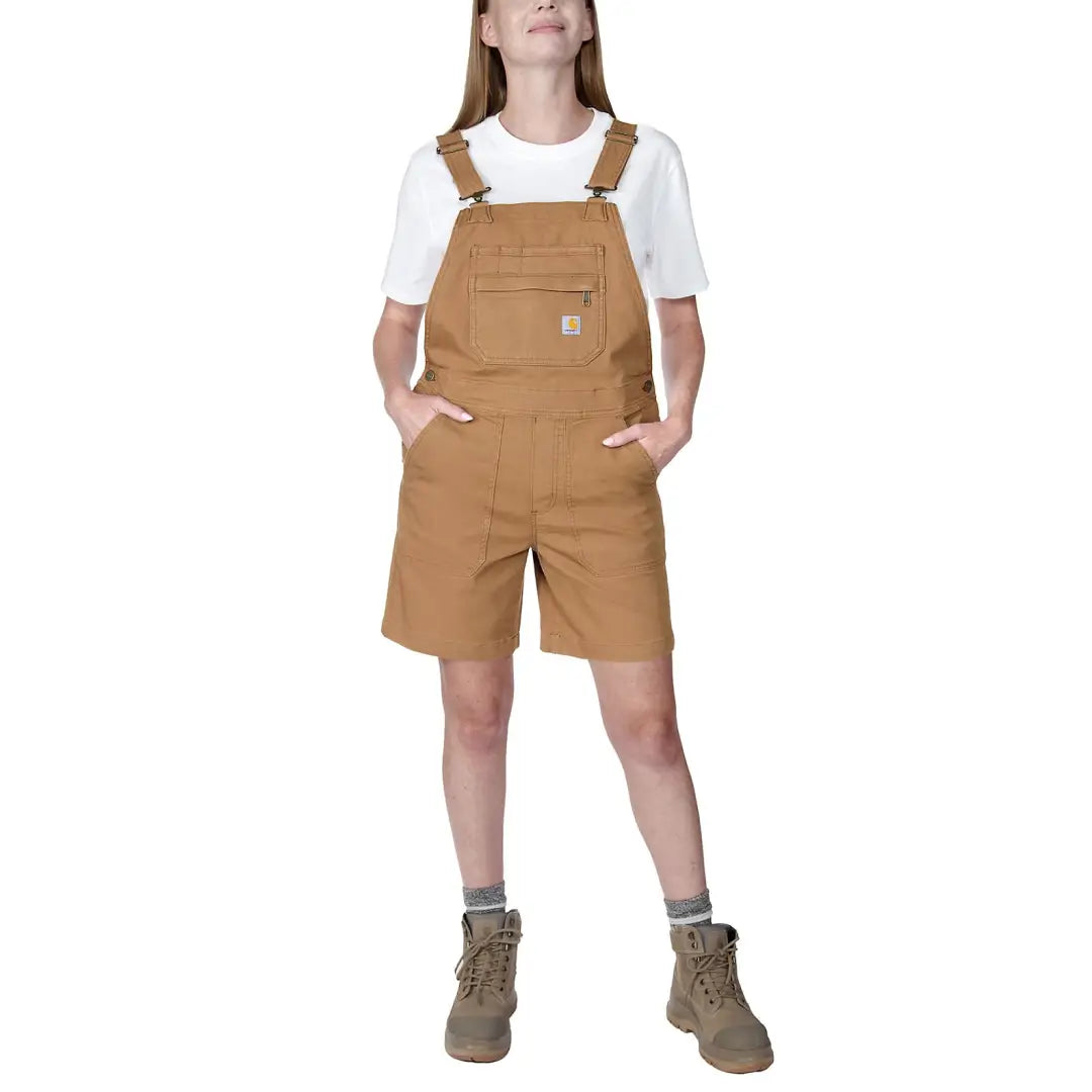 Woman in Carhartt Womens Rugged Flex Relaxed Fit Canvas Shortall for country clothing and hunting