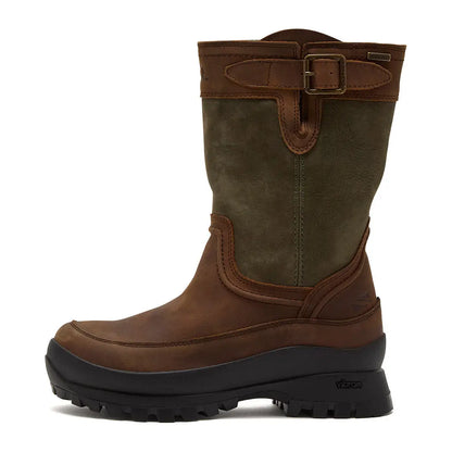 Chatham Windsor Ladies Waterproof Mid Calf Boots with brown and olive leather and rugged soles