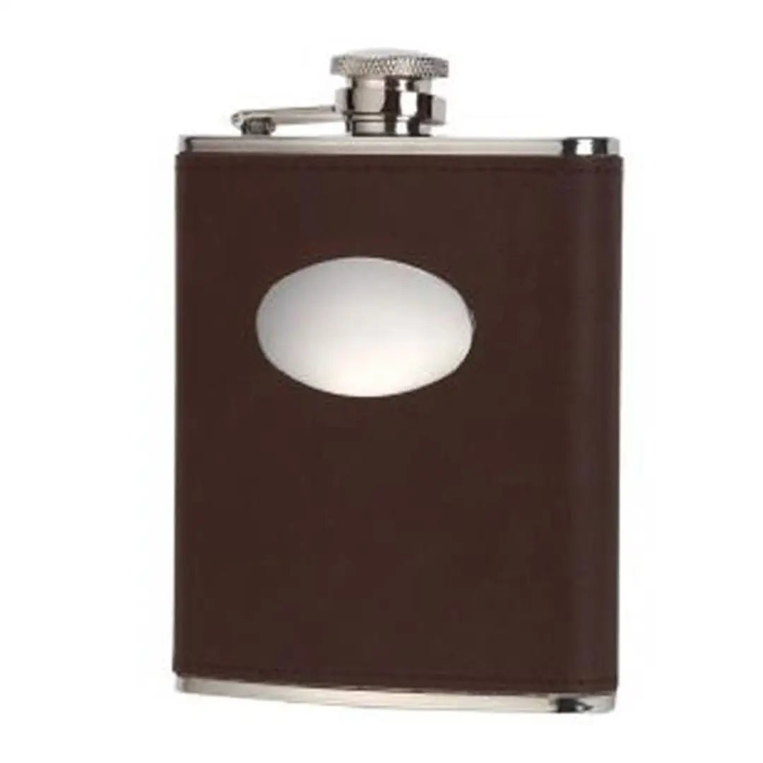 David Nickerson brown leather 6oz hip flask with silver accents