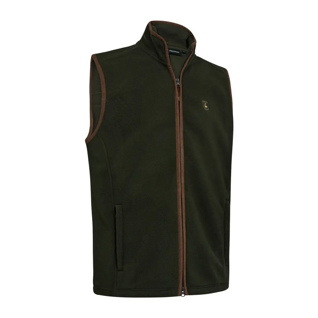 Olive green Deerhunter Cumbria fleece waistcoat with brown trim for outdoor vibes