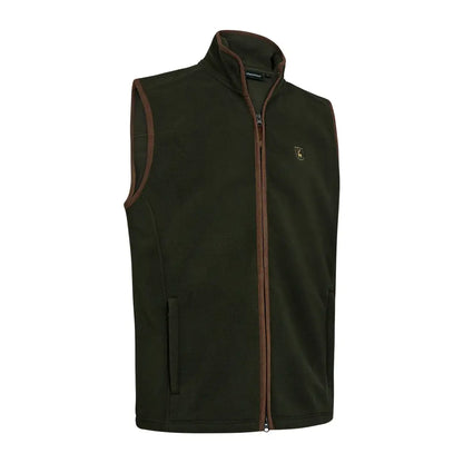 Olive green Deerhunter Cumbria fleece waistcoat with brown trim for outdoor vibes