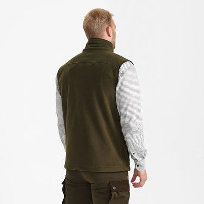 Olive green fleece waistcoat over a light patterned shirt, perfect for layering