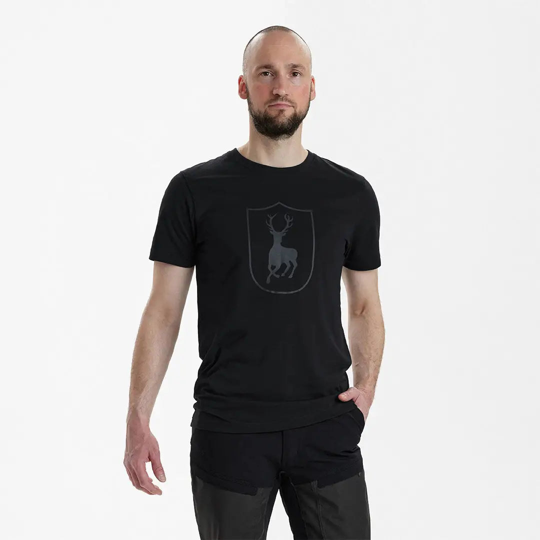 Black Deerhunter Logo T-shirt with a deer crest perfect for country clothing and hunting