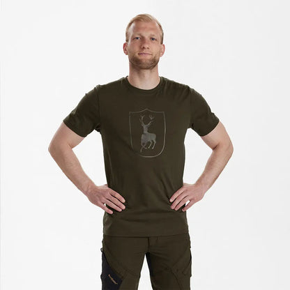Man in green t-shirt with Deerhunter logo, perfect for country clothing and hunting