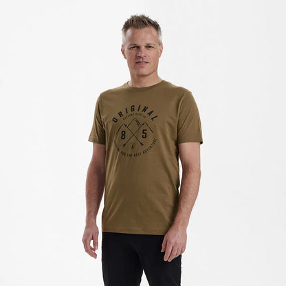 Man in a khaki Deerhunter Nolan T-shirt with a classic round neck style