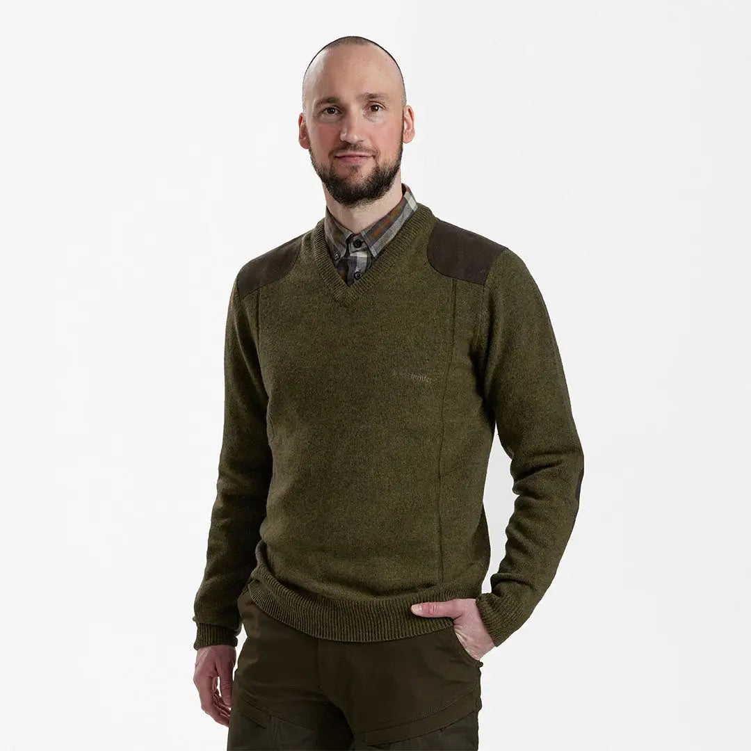 Olive green Deerhunter Sheffield Knit with V-neck sweater for stylish casual wear
