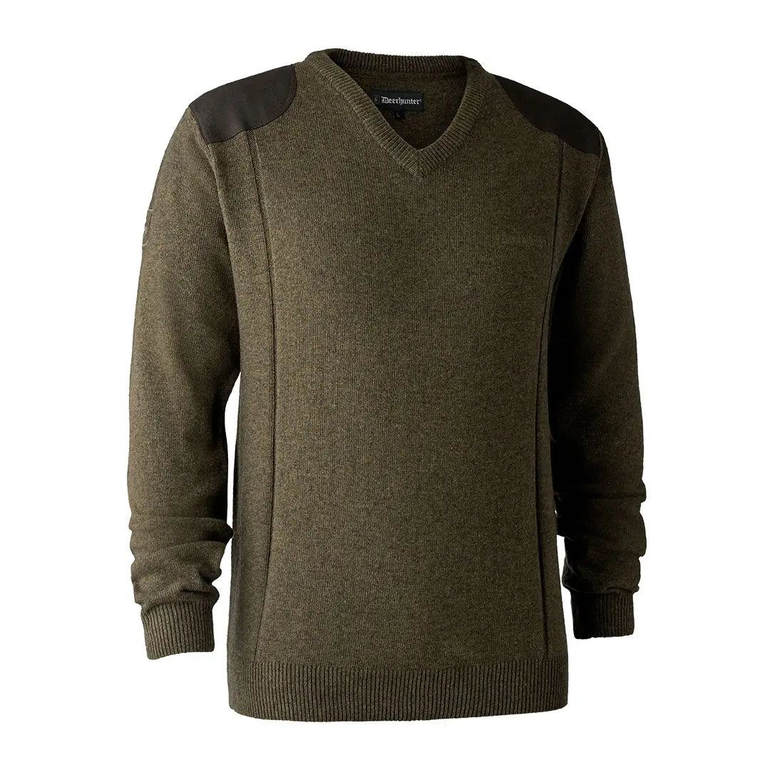 Olive green Deerhunter Sheffield Knit V-neck sweater with shoulder patches perfect for casual wear