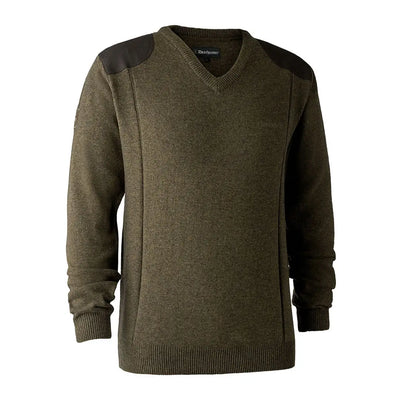 Olive green Deerhunter Sheffield Knit V-neck sweater with shoulder patches perfect for casual wear