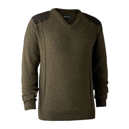 Olive green Deerhunter Sheffield Knit V-neck sweater with shoulder patches perfect for casual wear