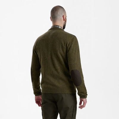 Olive green Deerhunter Sheffield Knit sweater with elbow patches for a stylish look